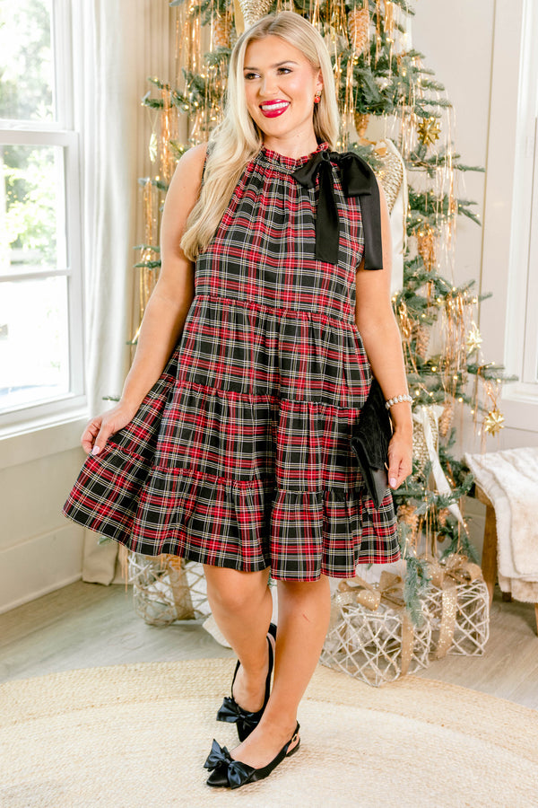 Chic Soul plus size clothing, red and black plaid sleeveless babydoll dress with black bow tied at the top of the left shoulder
