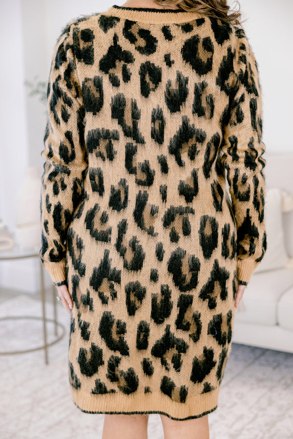 Chic Soul plus size clothing, long sleeve leopard print sweater dress with fuzzy texture