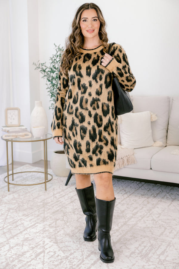 Chic Soul plus size clothing, long sleeve leopard print sweater dress with fuzzy texture