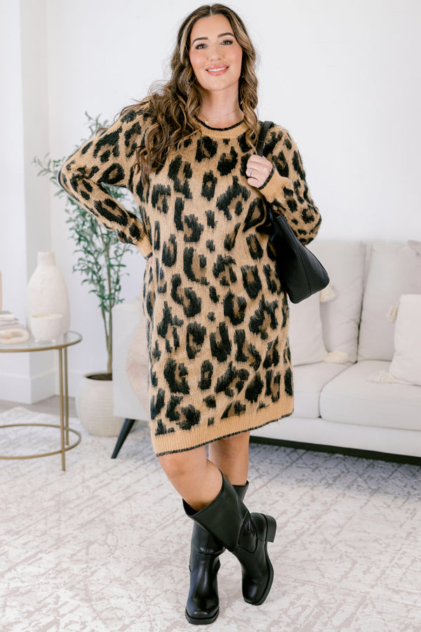 Chic Soul plus size clothing, long sleeve leopard print sweater dress with fuzzy texture