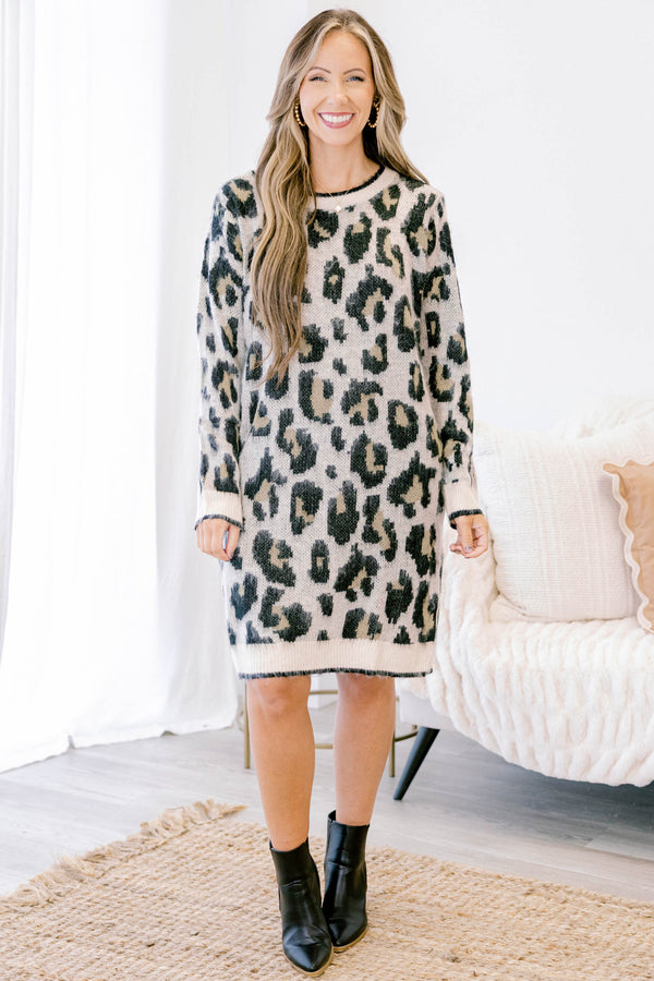 Chic Soul plus size clothing leopard print long sleeve fuzzy sweater dress 