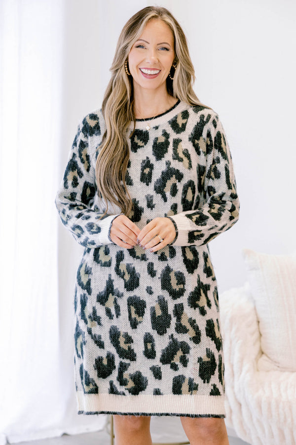 Chic Soul plus size clothing leopard print long sleeve fuzzy sweater dress 