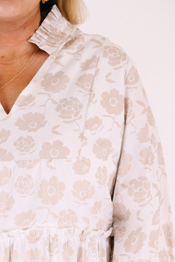 Chic Soul plus size clothing, cream and tan floral print long puff sleeve peplum baby doll top with v neck cutout
