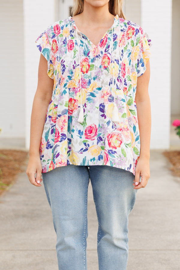 Chic Soul plus size clothing, multicolor floral pattern flowy top with smocked bodice and flutter sleeves