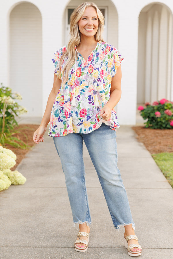 Chic Soul plus size clothing, multicolor floral pattern flowy top with smocked bodice and flutter sleeves