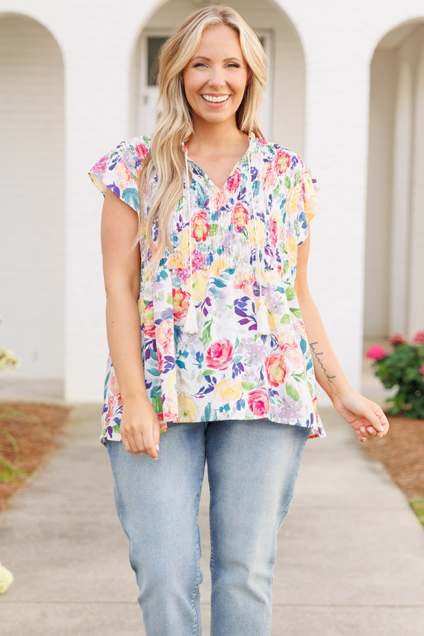 Chic Soul plus size clothing, multicolor floral pattern flowy top with smocked bodice and flutter sleeves