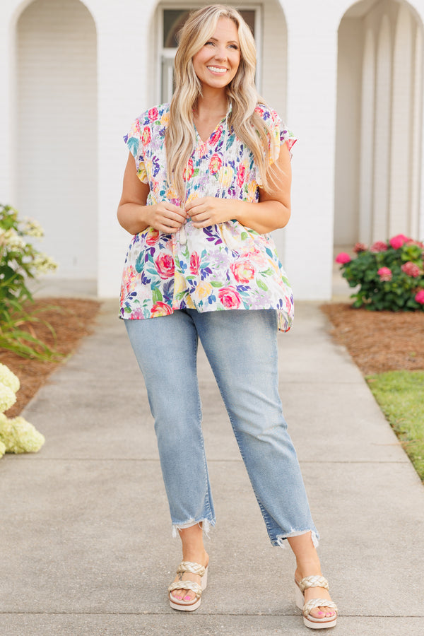 Chic Soul plus size clothing, multicolor floral pattern flowy top with smocked bodice and flutter sleeves