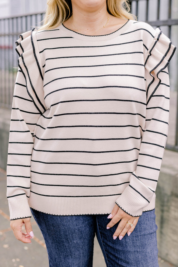 Chic Soul plus size clothing, white long sleeve sweater with thin black horizontal stripes and ruffle sleeves