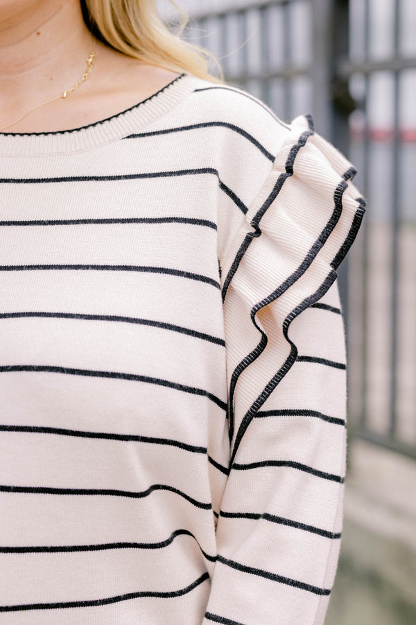 Chic Soul plus size clothing, white long sleeve sweater with thin black horizontal stripes and ruffle sleeves