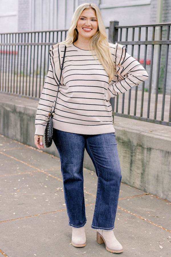Chic Soul plus size clothing, white long sleeve sweater with thin black horizontal stripes and ruffle sleeves