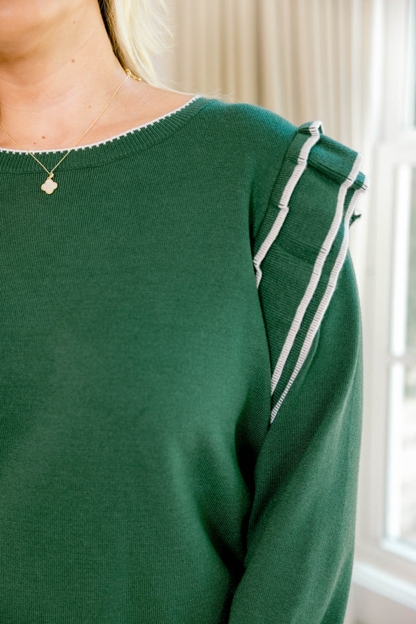 Chic Soul plus size clothing, green long sleeve top with white trim of ruffle shoulder detail and white trim on the neckline and bottom hem
