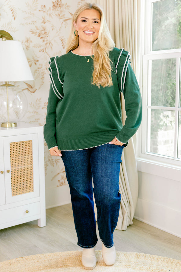 Chic Soul plus size clothing, green long sleeve top with white trim of ruffle shoulder detail and white trim on the neckline and bottom hem
