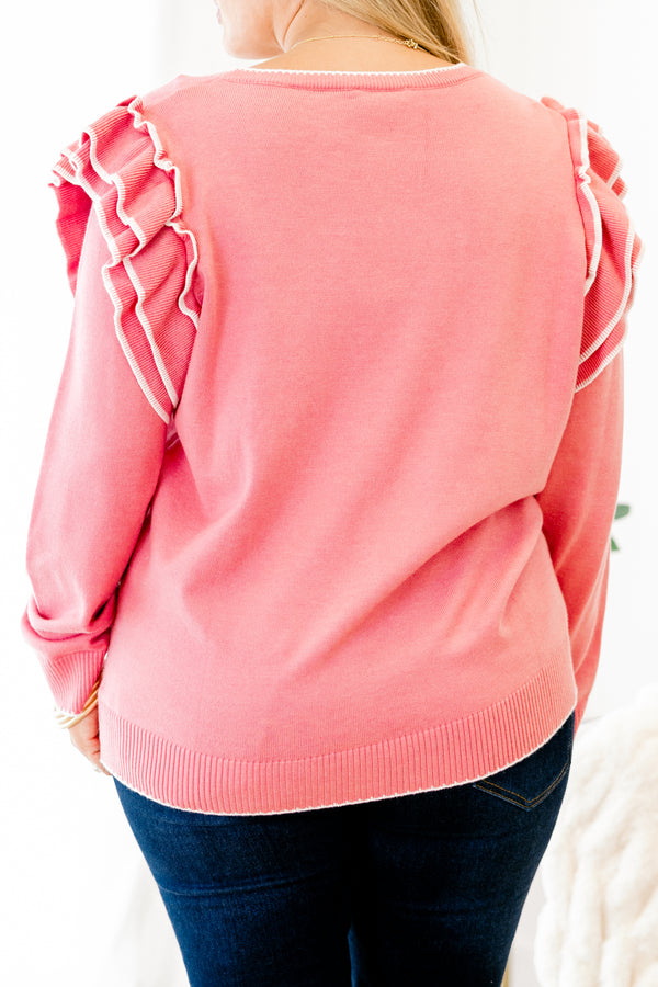 Chic Soul Plus size clothing, mauve colored long sleeve sweater that has ruffle details on the shoulder that are outlined in white 
