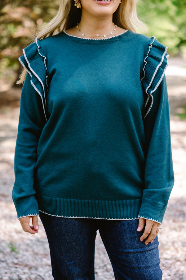 Chic Soul plus size clothing, dark teal long sleeve sweater with ruffles on the tops of the sleeves and white piping detailing