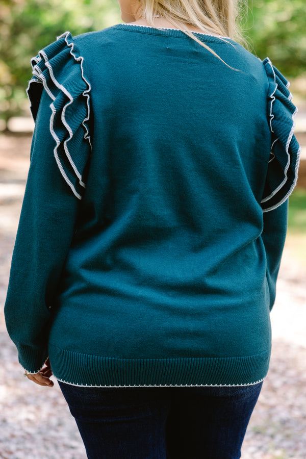 Chic Soul plus size clothing, dark teal long sleeve sweater with ruffles on the tops of the sleeves and white piping detailing