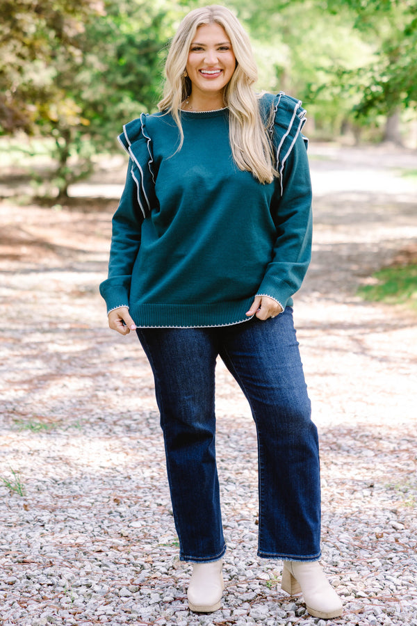 Chic Soul plus size clothing, dark teal long sleeve sweater with ruffles on the tops of the sleeves and white piping detailing