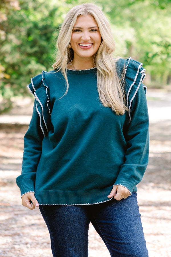 Chic Soul plus size clothing, dark teal long sleeve sweater with ruffles on the tops of the sleeves and white piping detailing
