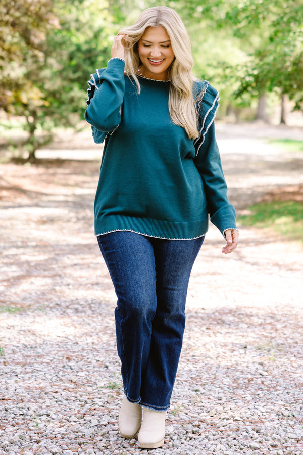 Chic Soul plus size clothing, dark teal long sleeve sweater with ruffles on the tops of the sleeves and white piping detailing