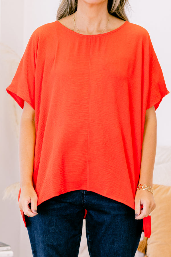 Chic Soul plus size clothing, short-sleeve coral orange top with a scoop-neckline and a high-low hemline 
