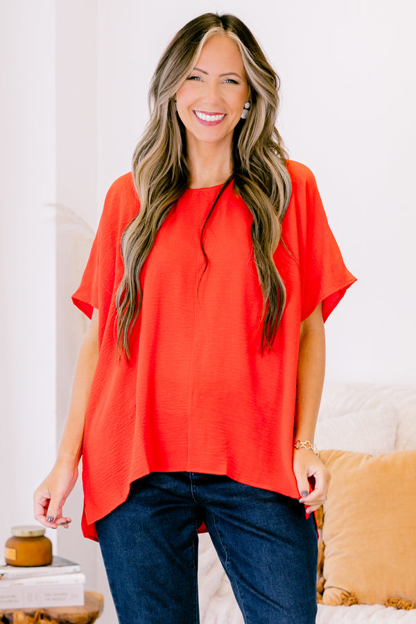 Chic Soul plus size clothing, short-sleeve coral orange top with a scoop-neckline and a high-low hemline 