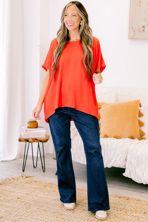 Chic Soul plus size clothing, short-sleeve coral orange top with a scoop-neckline and a high-low hemline 