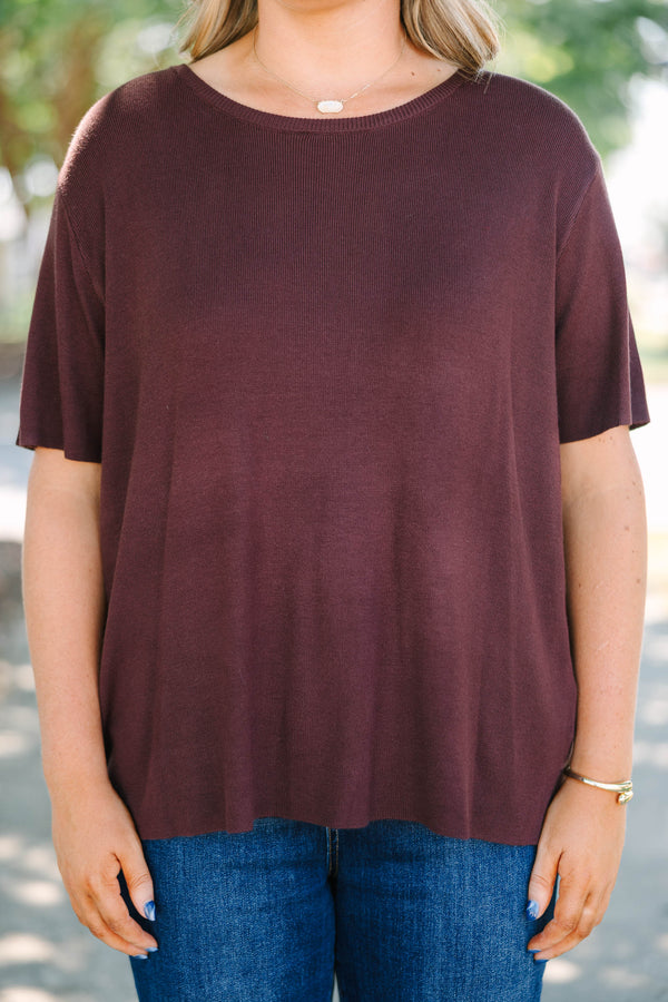 Plus Size short sleeve brown knit sweater with a round neckline and relaxed fit.