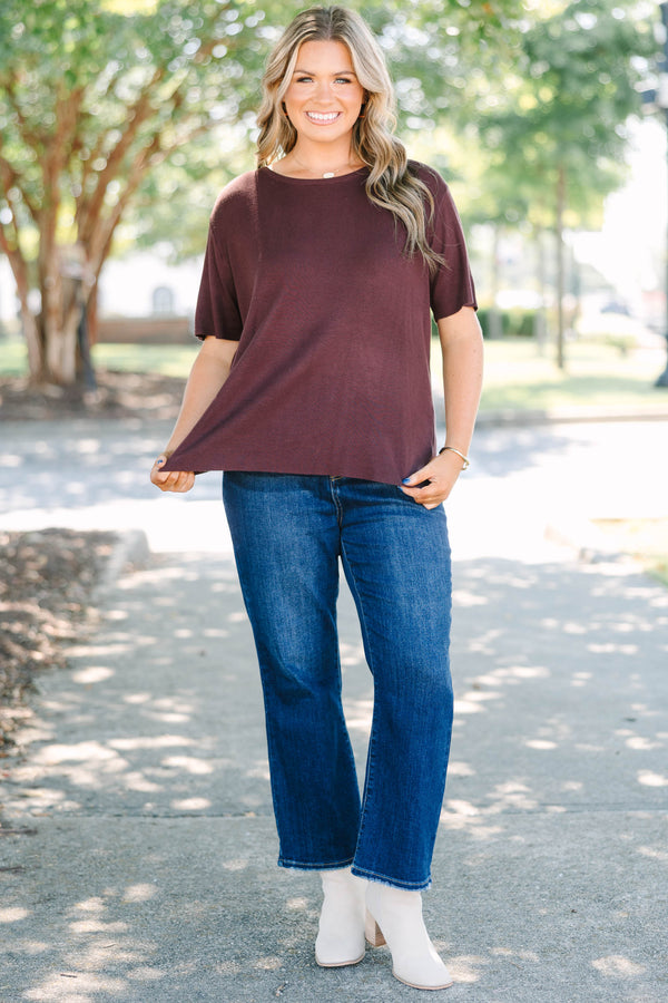 Plus Size short sleeve brown knit sweater with a round neckline and relaxed fit.
