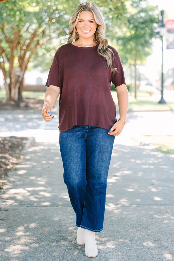 Plus Size short sleeve brown knit sweater with a round neckline and relaxed fit.