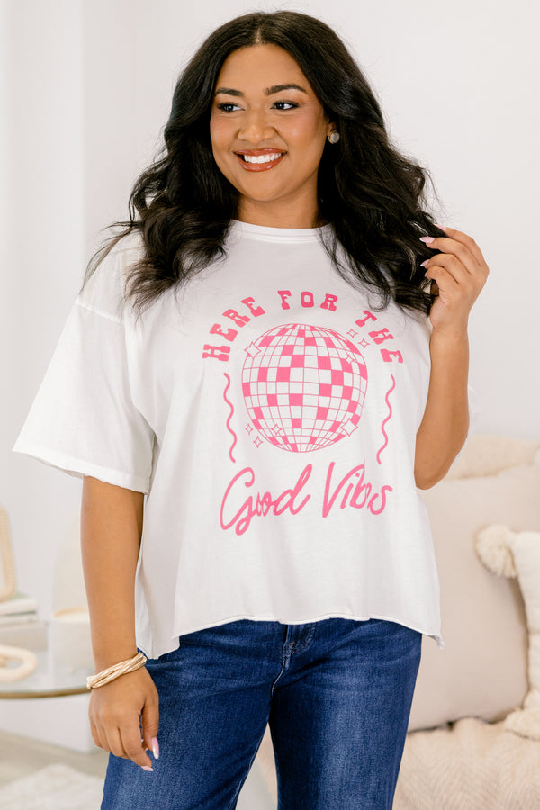 Chic Soul plus size clothing, white short sleeve slightly cropped vintage wash tee with “Here For The Good Vibes” text in pink on the front and a pink mirrorball in the middle