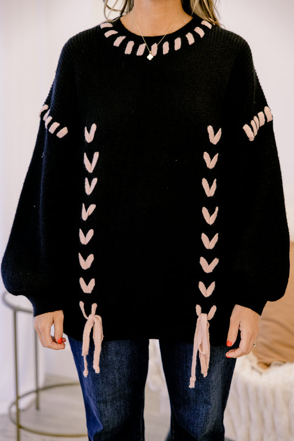 Chic Soul plus size clothing, black chunky knit sweater with beige lace weaved through the fabric