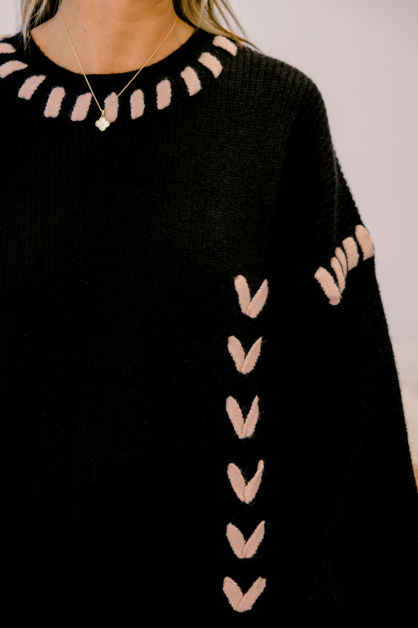 Chic Soul plus size clothing, black chunky knit sweater with beige lace weaved through the fabric