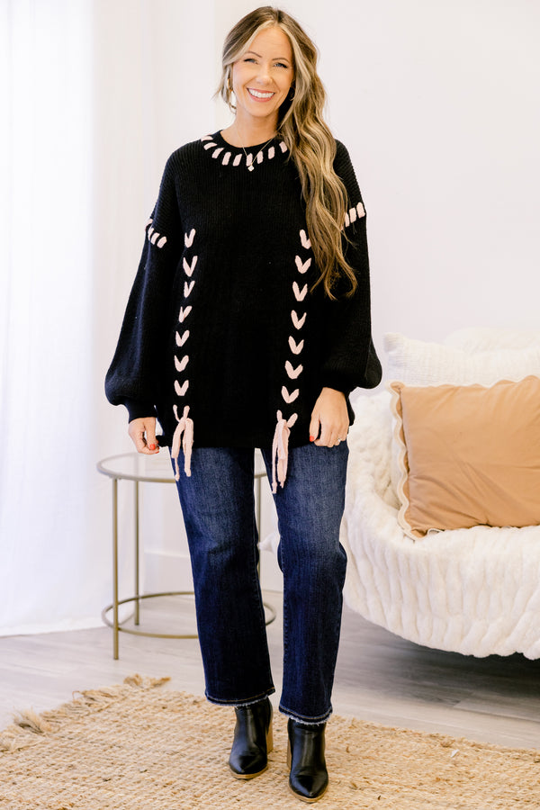 Chic Soul plus size clothing, black chunky knit sweater with beige lace weaved through the fabric