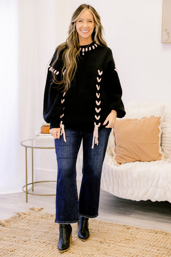 Chic Soul plus size clothing, black chunky knit sweater with beige lace weaved through the fabric