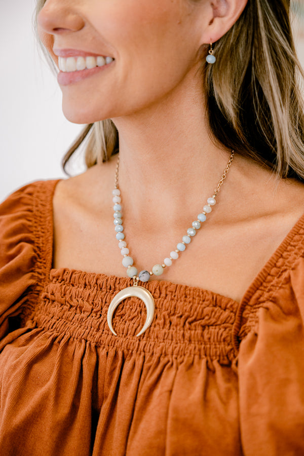 Chic Soul plus size clothing, gold and beaded necklace with half moon pendant