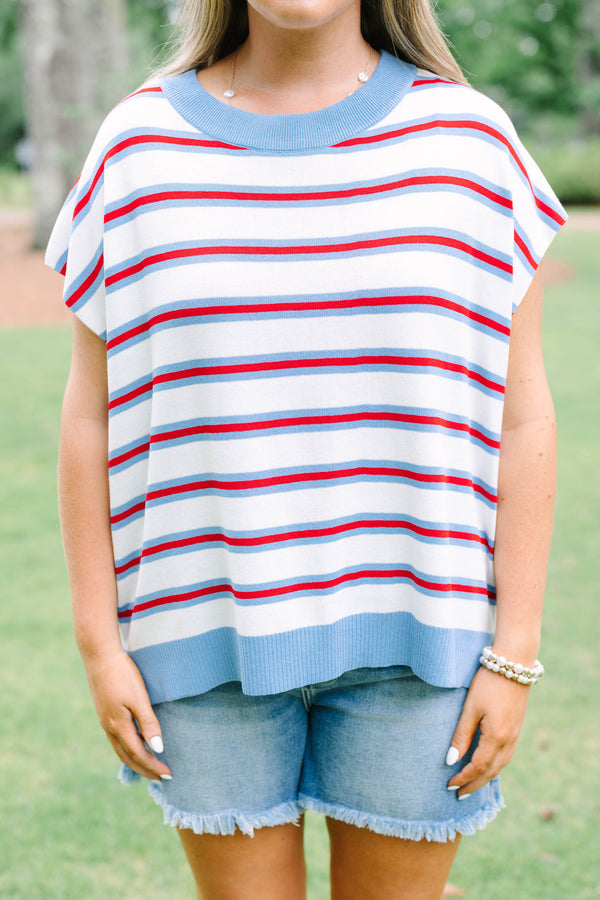 Plus size cream short sleeve sweater top with red and blue stripes and a flowy fit.