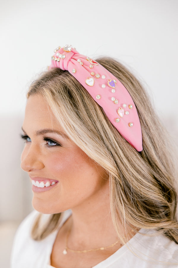 Chic Soul plus size clothing, pink headband with pearl and heart jewels stitched on and knot in the middle