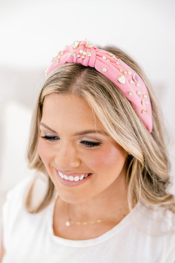 Chic Soul plus size clothing, pink headband with pearl and heart jewels stitched on and knot in the middle