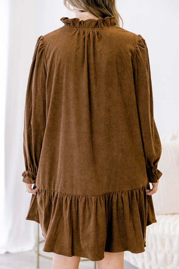 Chic Soul plus size clothing, brown corduroy long sleeve button up short dress with ruffle hem, around the collar and on the ends of the sleeves