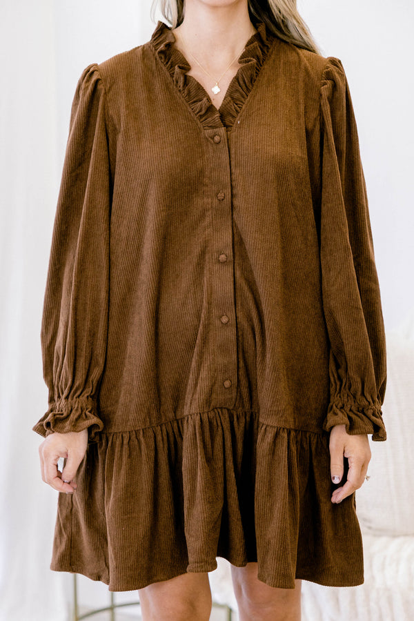Chic Soul plus size clothing, brown corduroy long sleeve button up short dress with ruffle hem, around the collar and on the ends of the sleeves