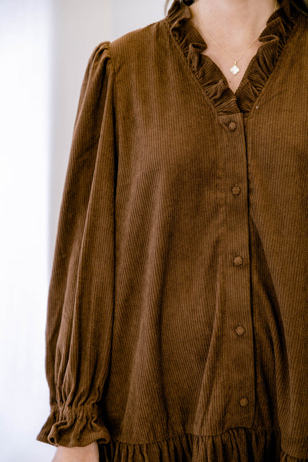 Chic Soul plus size clothing, brown corduroy long sleeve button up short dress with ruffle hem, around the collar and on the ends of the sleeves