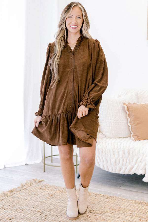Chic Soul plus size clothing, brown corduroy long sleeve button up short dress with ruffle hem, around the collar and on the ends of the sleeves