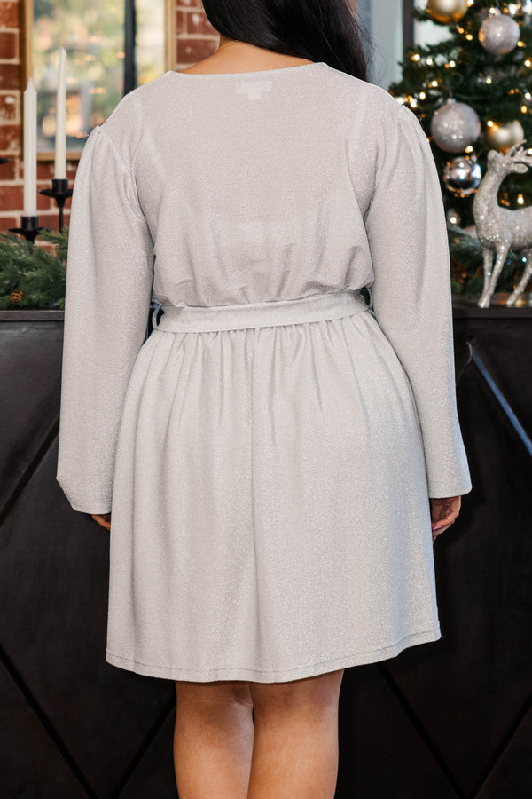 Chic Soul plus size clothing, silver colored wrap dress sparkly and long sleeves, short length dress