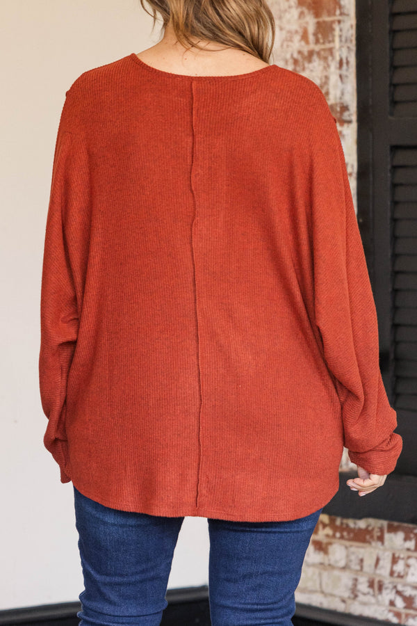 Chic Soul plus size clothing, dark brick colored henley stype top with button detailing at neckline and outward seamline details