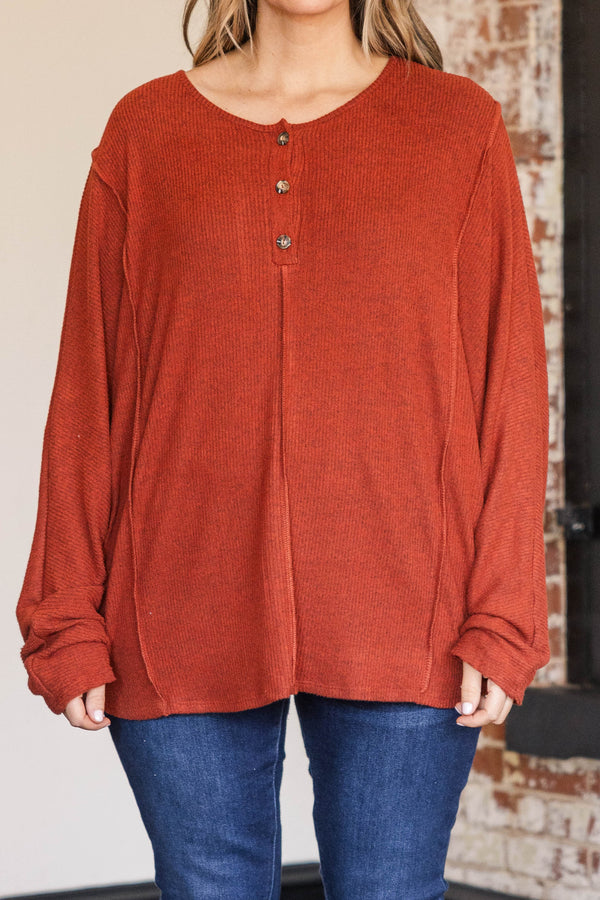 Chic Soul plus size clothing, dark brick colored henley stype top with button detailing at neckline and outward seamline details