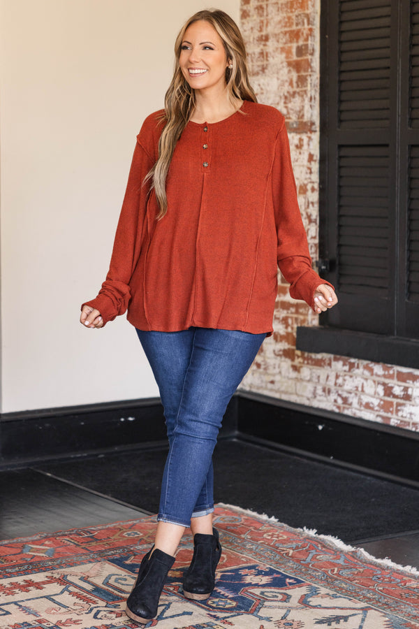 Chic Soul plus size clothing, dark brick colored henley stype top with button detailing at neckline and outward seamline details