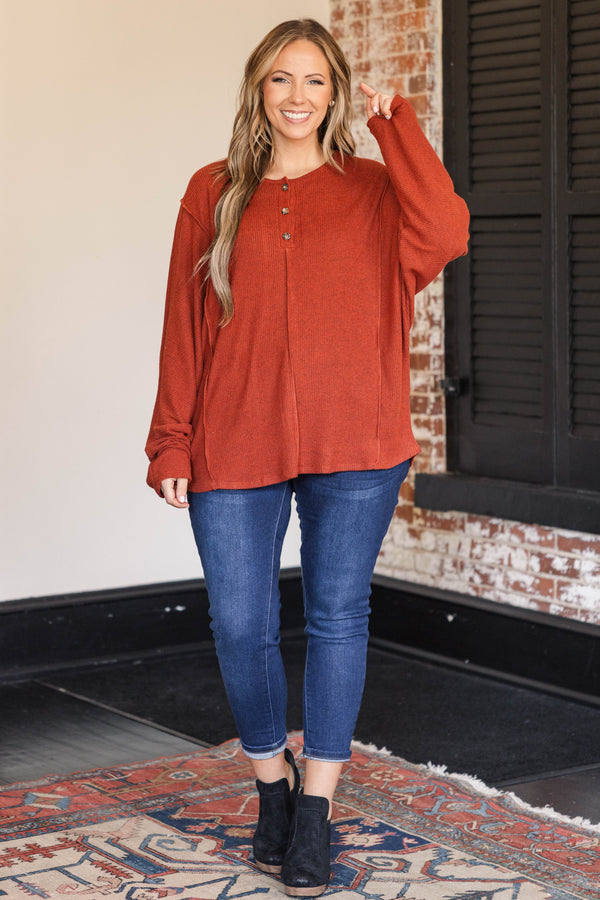 Chic Soul plus size clothing, dark brick colored henley stype top with button detailing at neckline and outward seamline details
