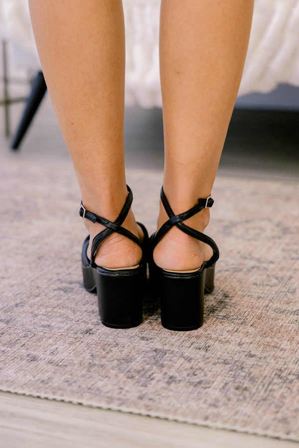 Chic Soul plus size clothing, black block heels with knot style and wraps around ankle