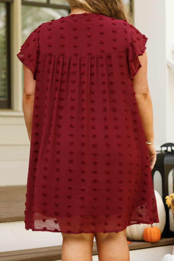 Chic Soul plus size clothing, wine v neck dress with a french raised dot pattern