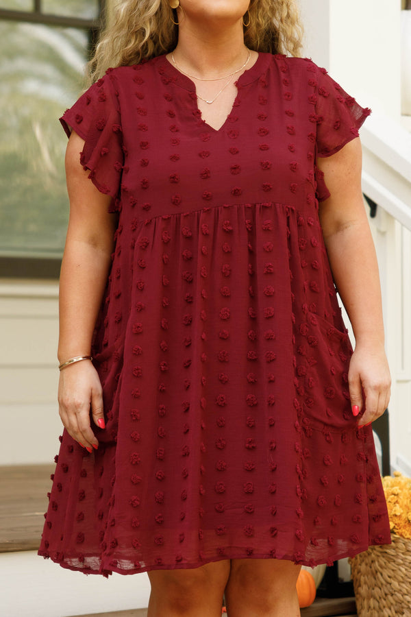 Chic Soul plus size clothing, wine v neck dress with a french raised dot pattern
