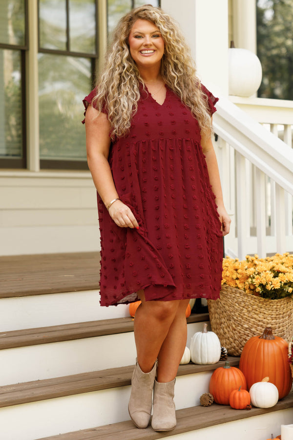 Chic Soul plus size clothing, wine v neck dress with a french raised dot pattern